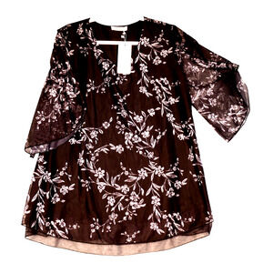 NEW Sea Code Blouse Womens XL Black Floral Mesh Lined Slit Sleeves Stretch